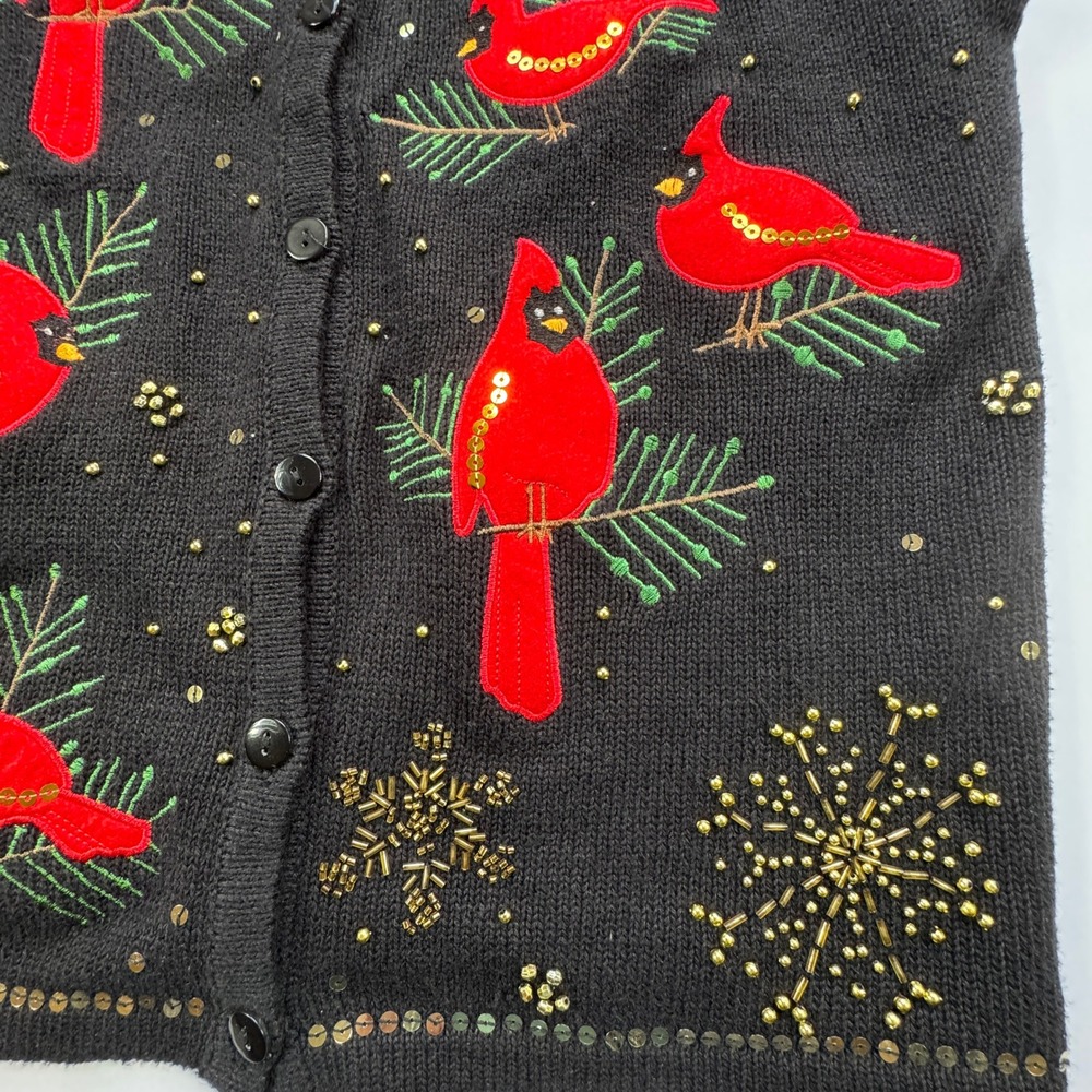 Kim Rogers Black Cardinal Sweater Vest Womens Petite M Beaded Faux Fur Christmas - Picture 11 of 13